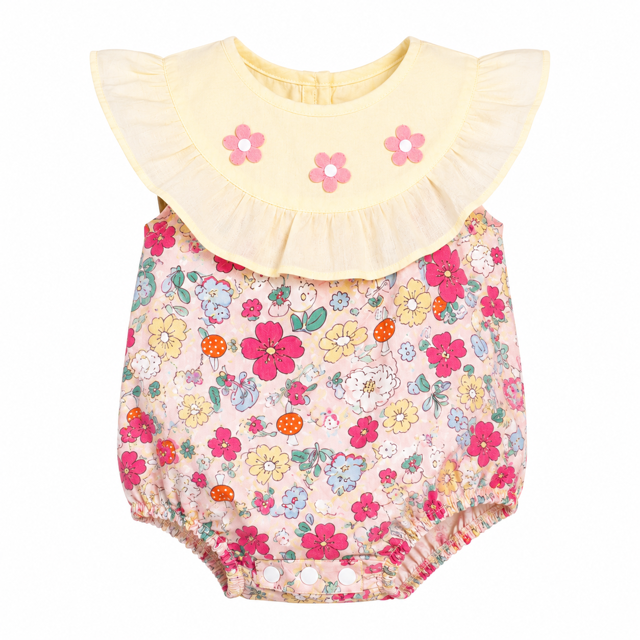 Baby Girls Floral Bubble Romper with Embroidered Ruffle Yoke One-piece